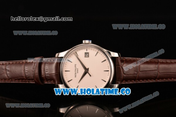 Patek Philippe Calatrava Miyota 9015 Automatic Steel Case with White Dial and Brown Leather Strap - Silver Stick Markers - Click Image to Close